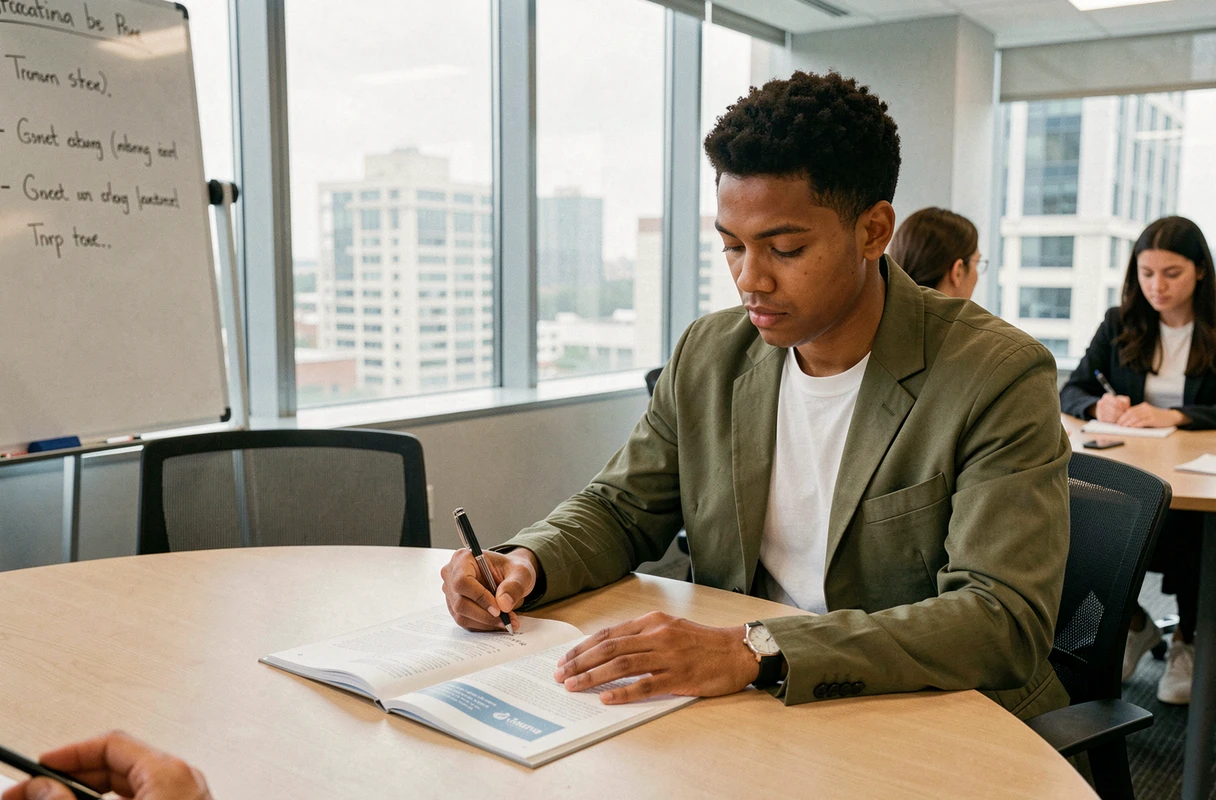 Participant en formation professionnelle financée par le CPF prenant des notes dans une salle de réunion moderne