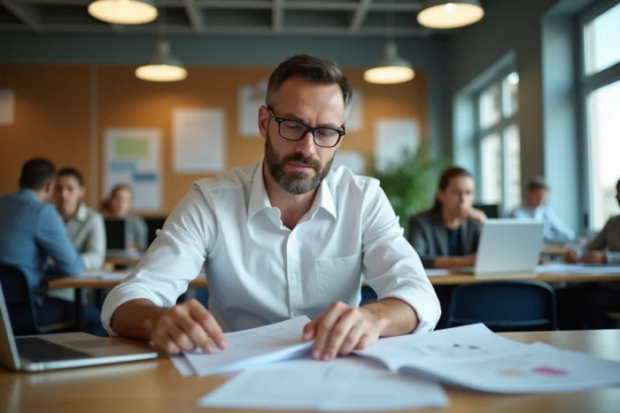 Personnel de l'éducation nationale gérant sa carrière sur l'intranet académique avec des documents imprimés