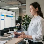 Femme professionnelle gérant un projet sur tablette et écran dans un bureau moderne