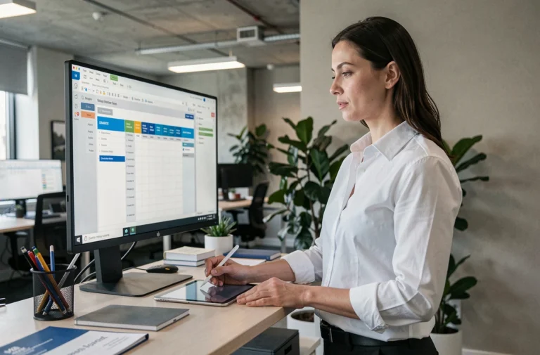 Femme professionnelle gérant un projet sur tablette et écran dans un bureau moderne