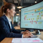 Femme professionnelle gérant des projets centralisés sur une plateforme numérique dans un bureau moderne