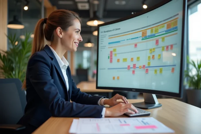 Femme professionnelle gérant des projets centralisés sur une plateforme numérique dans un bureau moderne