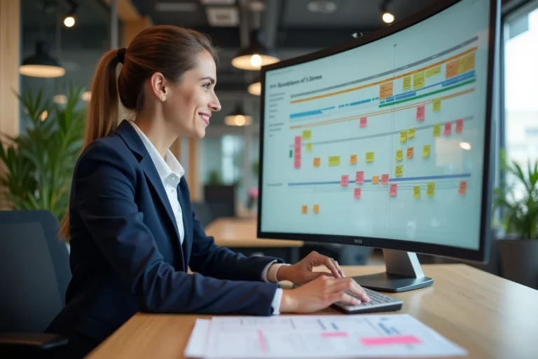 Femme professionnelle gérant des projets centralisés sur une plateforme numérique dans un bureau moderne