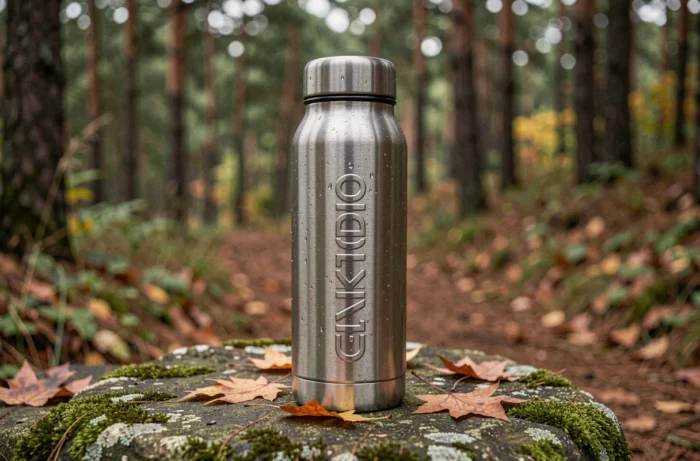 Gourde réutilisable en inox isotherme posée sur une pierre mousseuse en forêt avec feuilles d'automne