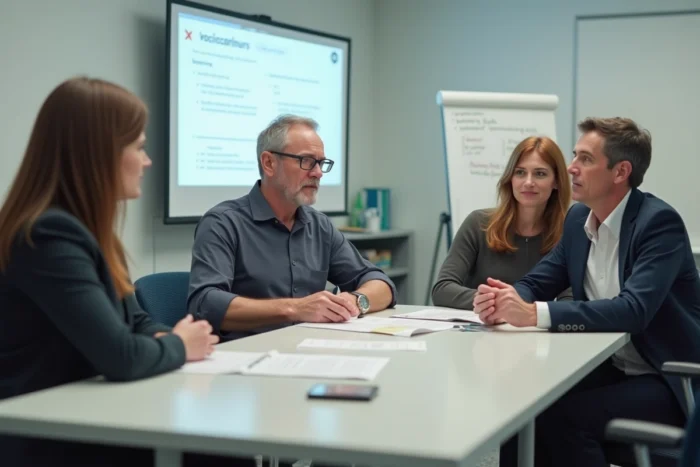 Groupe d'adultes en centre de formation écoutant un conseiller expliquer les aides financières pour la formation professionnelle