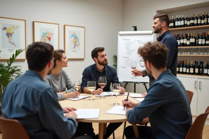 Groupe de participants à une formation en œnologie en salle de cours avec un sommelier, financement CPF