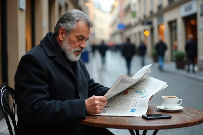 Homme d'affaires lisant un journal économique en terrasse de café dans une rue pavée européenne avec smartphone et café posés sur la table