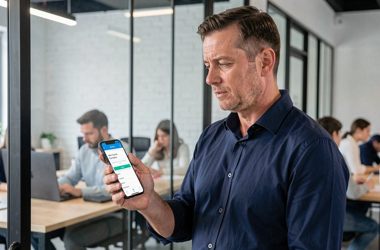 Homme consultant l'application Mon Compte Formation sur smartphone dans un espace de coworking moderne