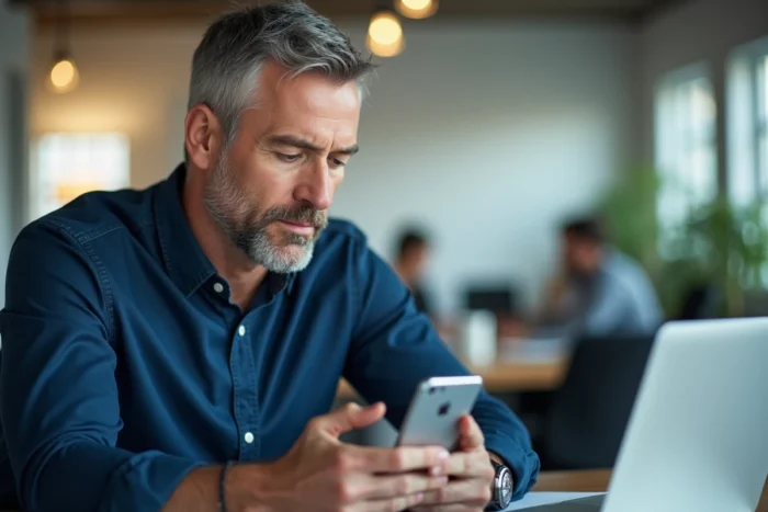 Homme au bureau consultant un SMS sur Android pour apprendre à souligner du texte dans un message