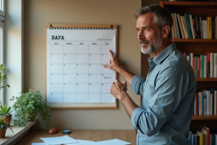 Homme consultant un grand calendrier mural pour planifier et ne manquer aucune fête ou célébration importante