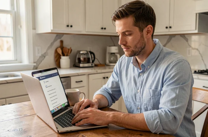 Homme consultant le plan du site Expert Crédit sur un ordinateur portable depuis sa cuisine