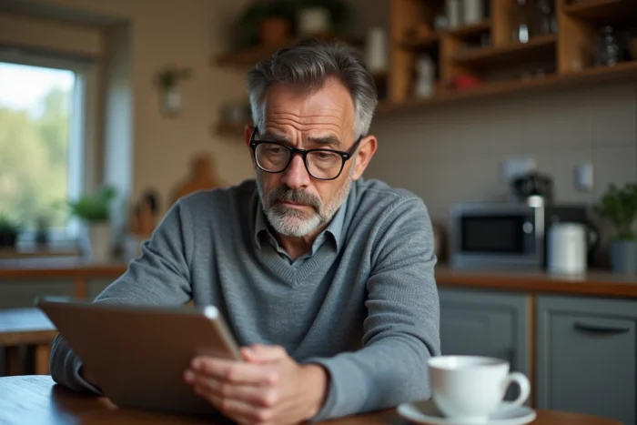 Homme en appartement utilisant une tablette pour demander des aides CPF afin de financer une formation professionnelle