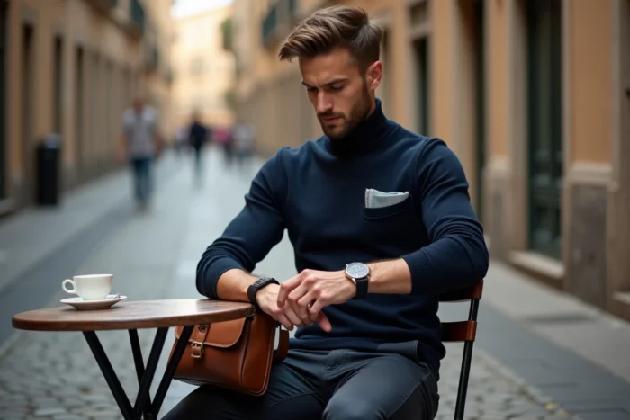 Homme élégant en pull col roulé marine vérifiant sa montre en acier dans un café de rue européen, avec sac en cuir cognac et pochette