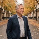 Homme élégant aux cheveux argentés se promenant discrètement dans une rue parisienne en automne, évoquant une romance secrète