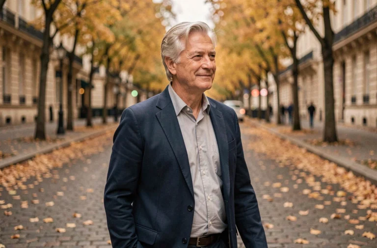 Homme élégant aux cheveux argentés se promenant discrètement dans une rue parisienne en automne, évoquant une romance secrète