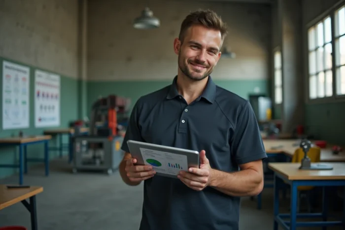 Jeune homme consultant une tablette numérique dans un centre de formation professionnelle pour explorer des métiers rémunérés à 1800 euros net