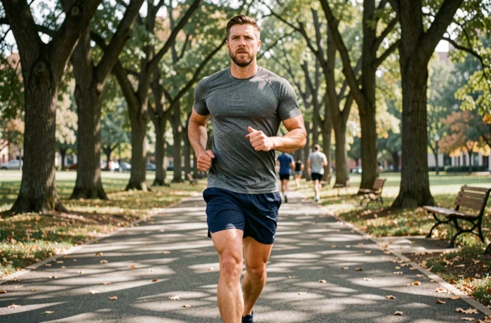 Homme en train de courir dans un parc urbain dans le cadre d'une routine minceur quotidienne
