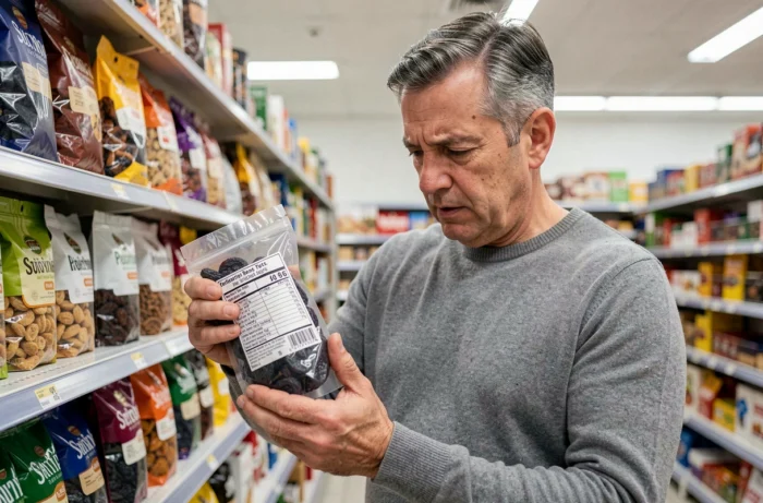Homme lisant l'étiquette d'un paquet de pruneaux séchés dans un rayon de supermarché