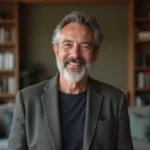 Portrait d'un homme souriant et détendu dans un appartement parisien moderne, illustrant la vie privée d'une personnalité publique