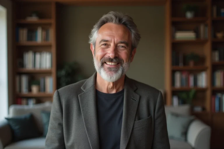 Portrait d'un homme souriant et détendu dans un appartement parisien moderne, illustrant la vie privée d'une personnalité publique