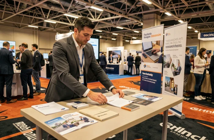 Homme arrangeant des supports de communication et objets publicitaires sur un stand de salon professionnel