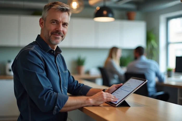 Homme d'affaires utilisant une tablette pour accéder à un portail de formation professionnelle depuis son lieu de travail