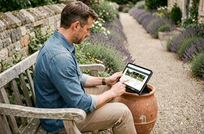 Homme naviguant sur un site de jardin depuis une tablette dans un jardin de style campagne française