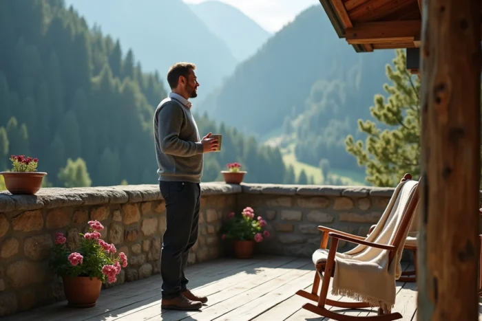 Homme profitant de la terrasse d'un chalet de montagne lors d'un séjour en hébergement locatif