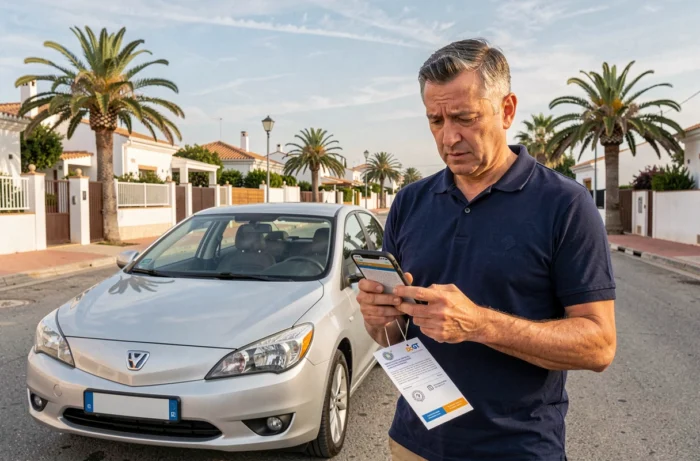 Mann vergleicht eine Geldstrafe der spanischen DGT mit den offiziellen Informationen auf seinem Smartphone