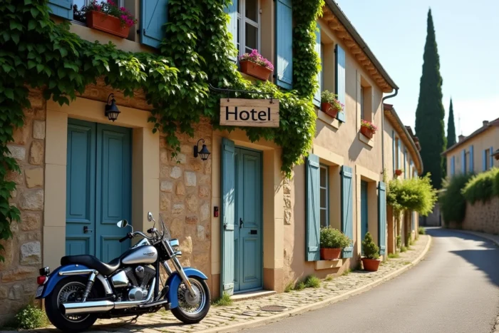 Façade d'un petit hôtel de village en Médoc avec une moto garée devant, idéal pour le Show Bike Montalivet