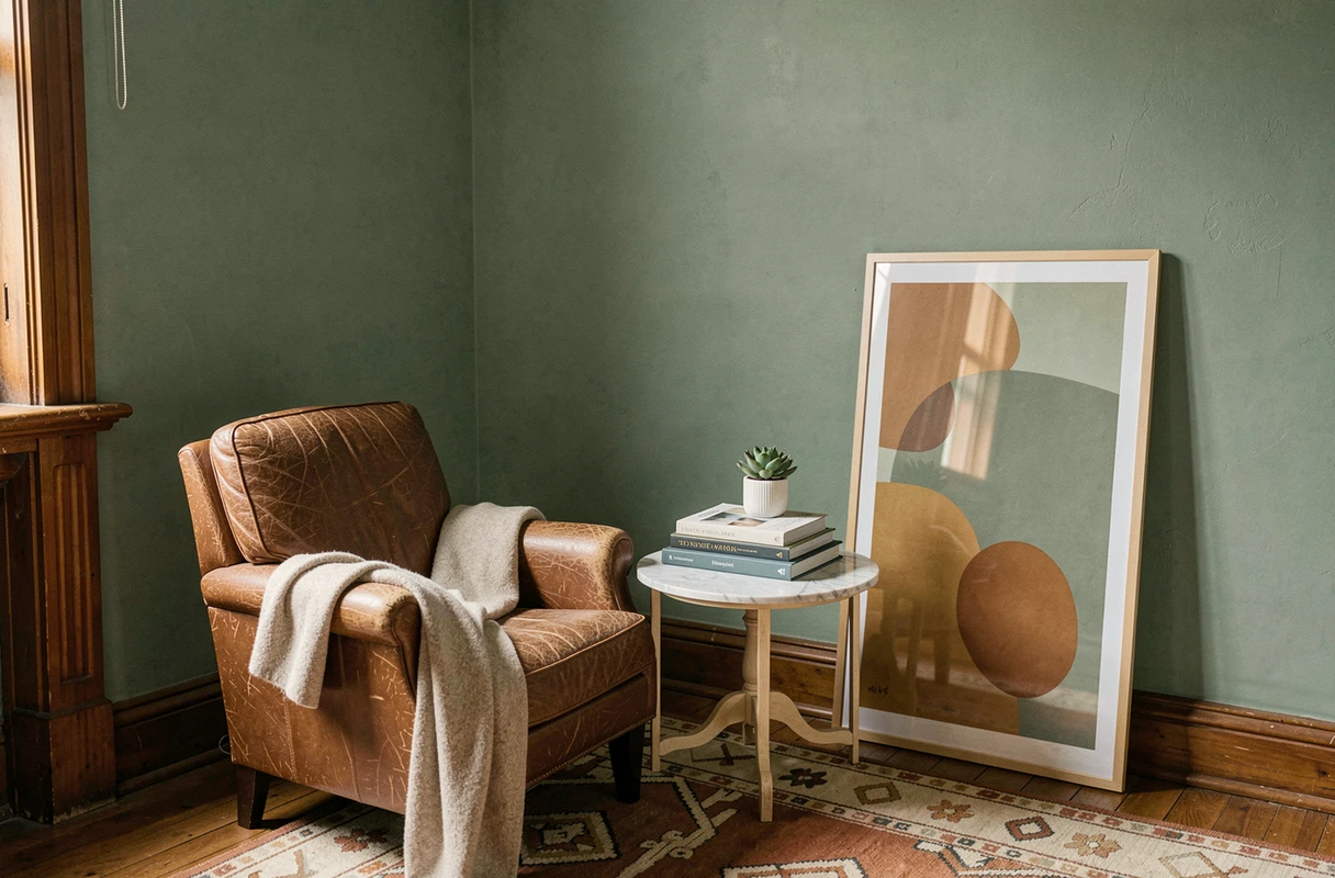 Coin salon décoré avec fauteuil en cuir cognac, table en marbre et art mural encadré dans un appartement moderne