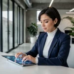 Femme professionnelle interagissant avec une interface technologique futuriste dans un bureau moderne en 2026