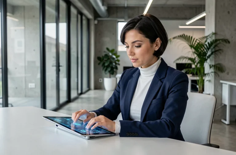Femme professionnelle interagissant avec une interface technologique futuriste dans un bureau moderne en 2026