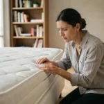 Femme inspectant les coutures d'un matelas pour détecter la présence de punaises de lit dans une chambre moderne