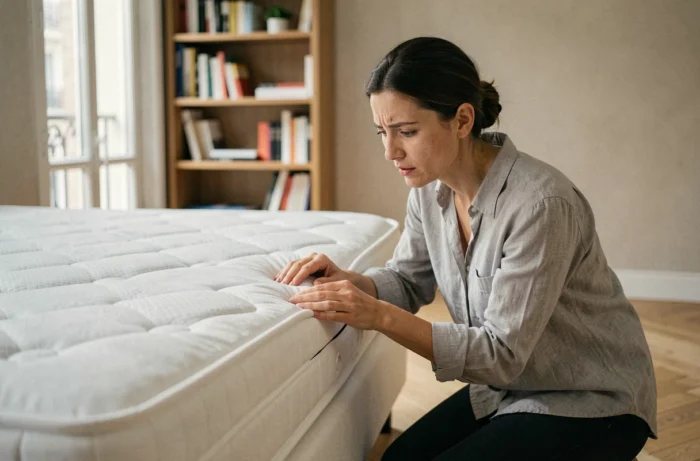 Femme inspectant les coutures d'un matelas pour détecter la présence de punaises de lit dans une chambre moderne