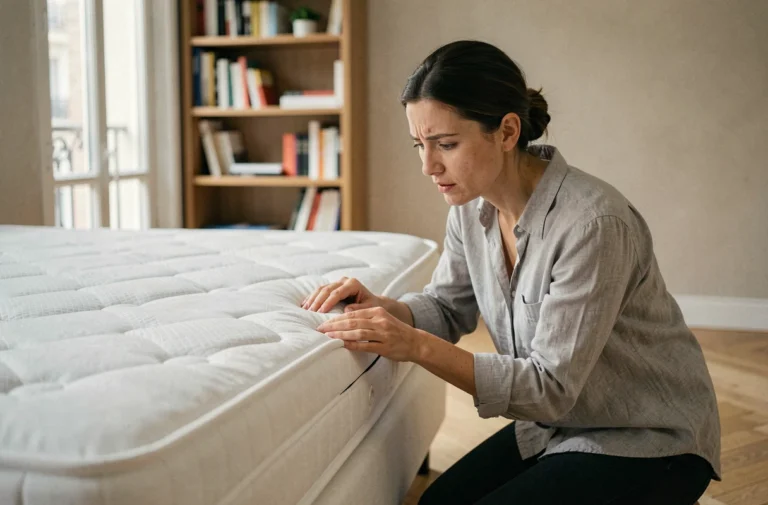 Femme inspectant les coutures d'un matelas pour détecter la présence de punaises de lit dans une chambre moderne