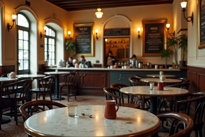 Intérieur d'une brasserie française typique reconstituant les décors de tournage de Demain nous appartient à Sète