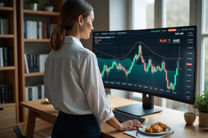 Investisseuse analysant des indicateurs d'alerte sur un graphique boursier depuis son bureau à domicile