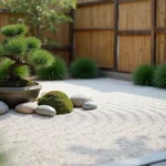 Coin de jardin zen japonais avec gravier ratissé, pierres naturelles et bonsaï en pot céramique dans un jardin privé