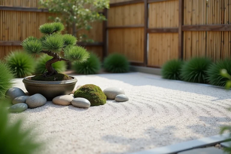 Coin de jardin zen japonais avec gravier ratissé, pierres naturelles et bonsaï en pot céramique dans un jardin privé