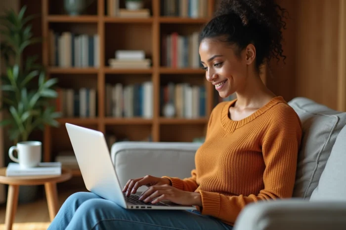 Jeune femme recherchant des formations professionnelles en ligne depuis son domicile grâce au portail 1 Objectif 1 Formation