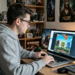 Joueur adulte concentré sur un jeu Pokémon navigateur avec des créatures pixel-art sur son écran d'ordinateur portable dans un bureau gaming cosy