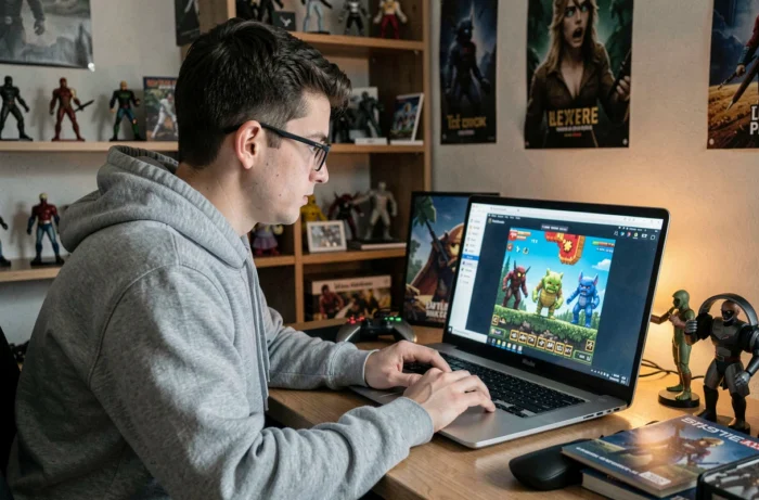 Joueur adulte concentré sur un jeu Pokémon navigateur avec des créatures pixel-art sur son écran d'ordinateur portable dans un bureau gaming cosy