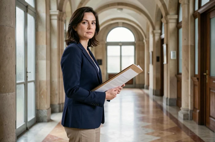 Femme juriste tenant des documents dans un couloir de palais de justice, symbolisant la procédure judiciaire et la mise en œuvre de la responsabilité civile délictuelle