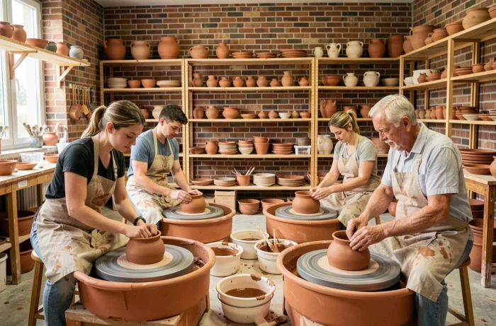 Cours de poterie intergénérationnel dans un atelier artisanal, activité créative et accessible pour adultes de tous âges