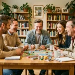 Groupe d'adultes jouant à un jeu de société dans un centre communautaire chaleureux, idée de loisir convivial pour tous