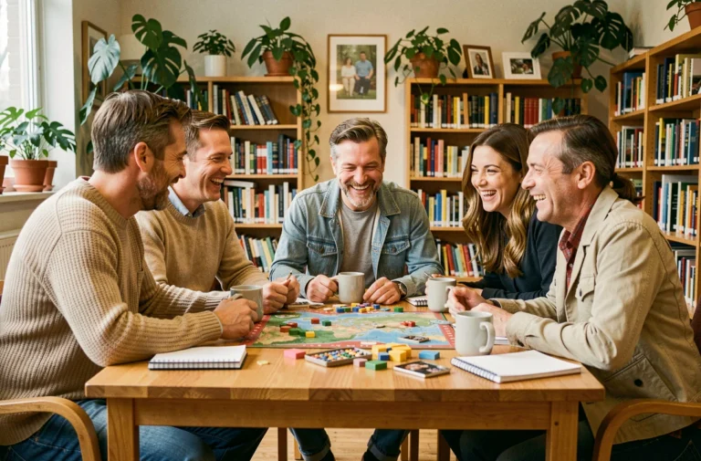 Groupe d'adultes jouant à un jeu de société dans un centre communautaire chaleureux, idée de loisir convivial pour tous