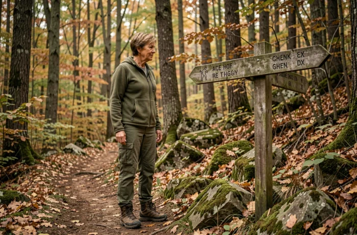 Femme en randonnée dans une forêt automnale devant un panneau de sentiers, activité de plein air accessible à tous