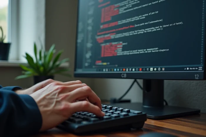 Gros plan sur les mains d'un spécialiste informatique tapant du code sur un clavier mécanique avec une alerte de menace réseau visible