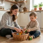 Jeune maman et son enfant en bas âge jouant avec des cubes en bois colorés sur le sol d'une cuisine familiale organisée et chaleureuse